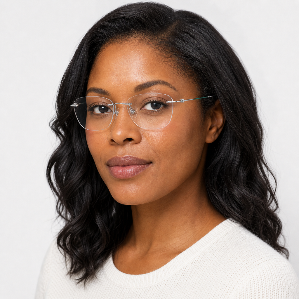 Silver/Teal titanium rimless glasses worn by an adult Black woman