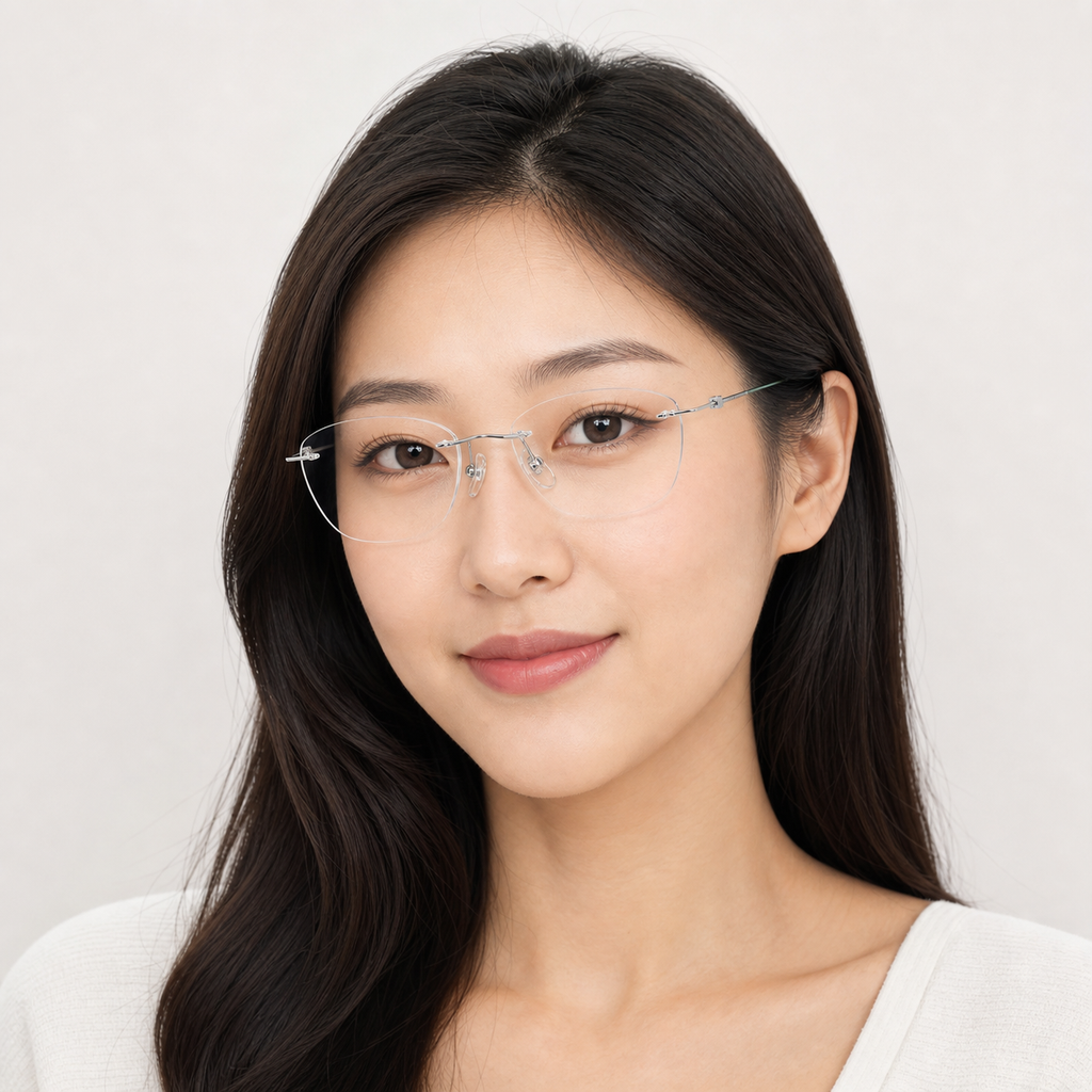Silver/Teal titanium rimless glasses worn by an adult East Asian woman