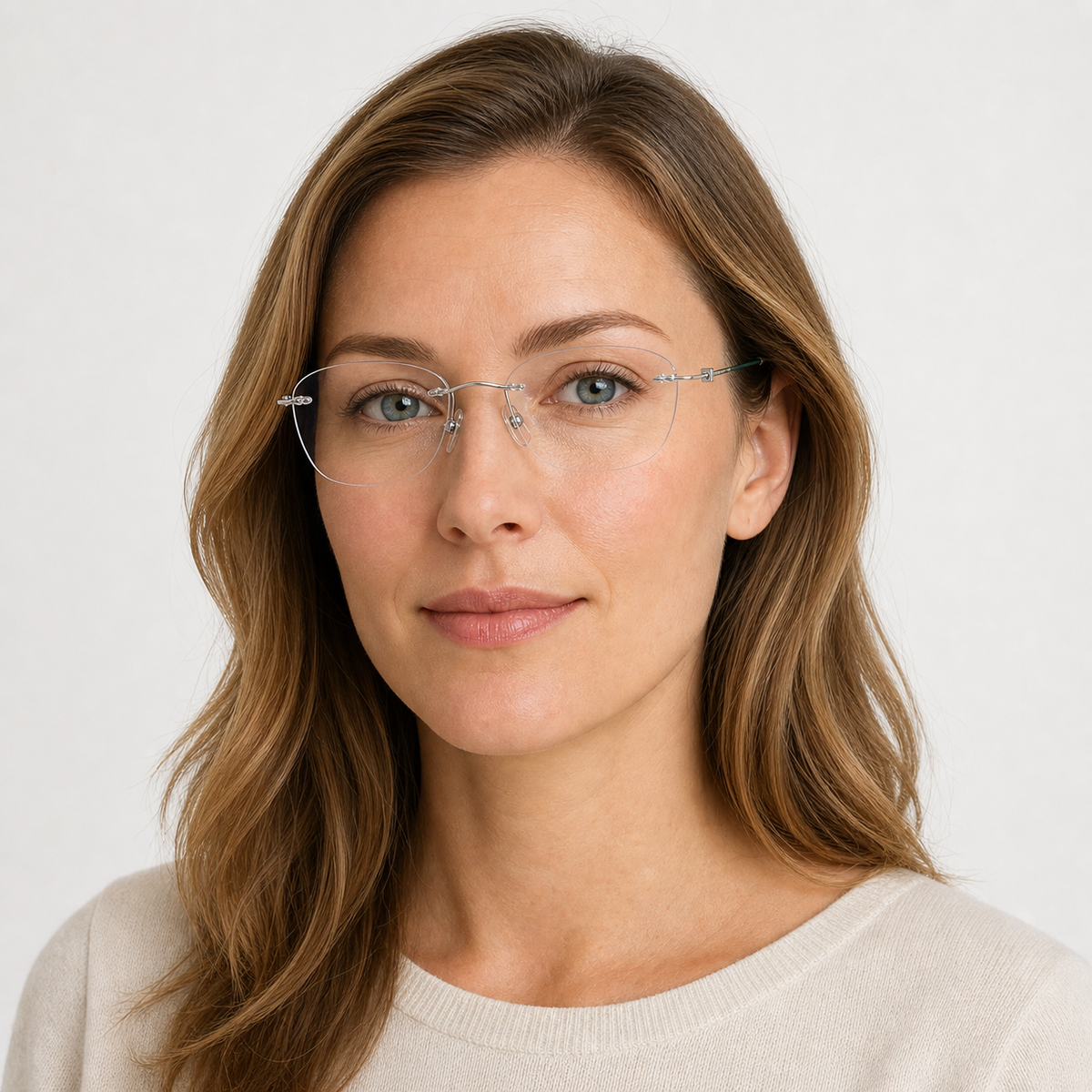 Silver/Teal titanium rimless glasses worn by an adult White woman