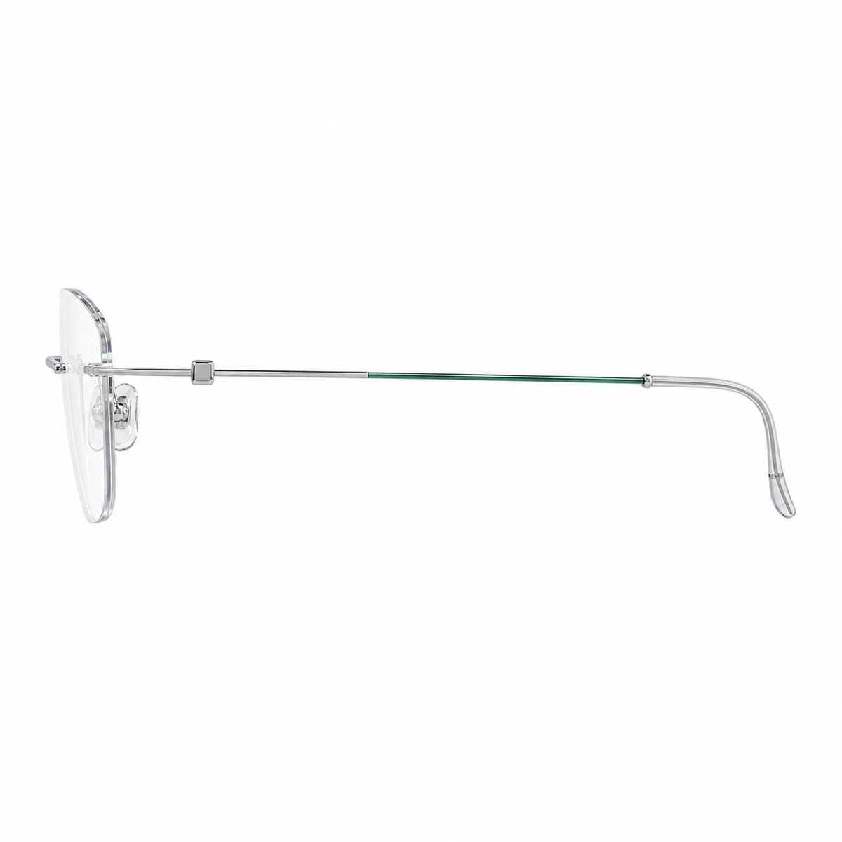 Silver/Teal titanium rimless glasses, side and temple product view