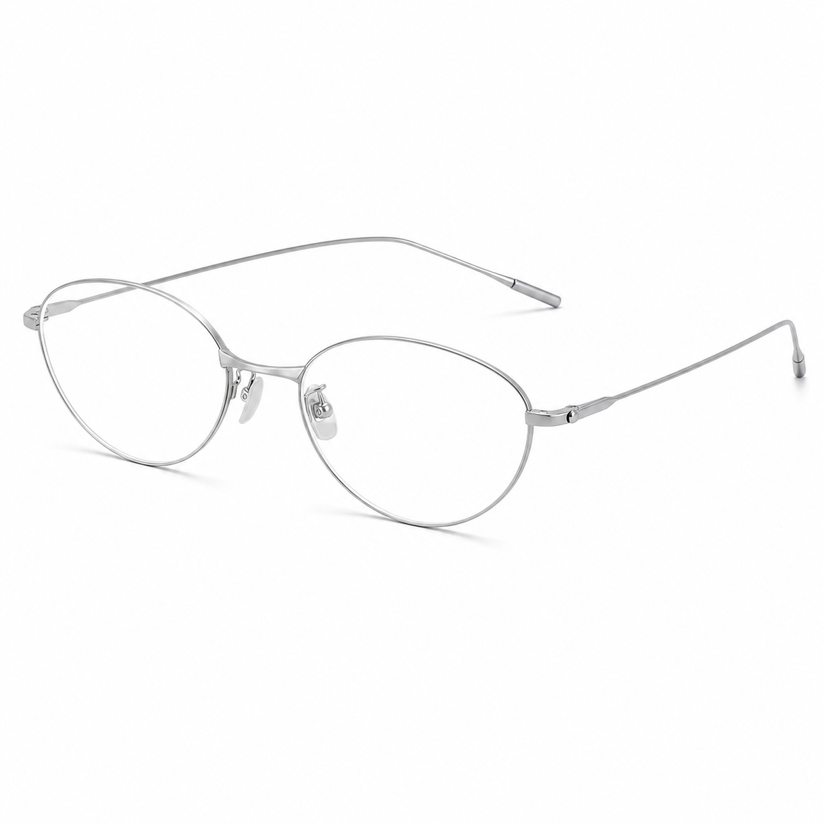 Silver titanium old-money small-fit soft-oval full-rim glasses, 45-degree product view