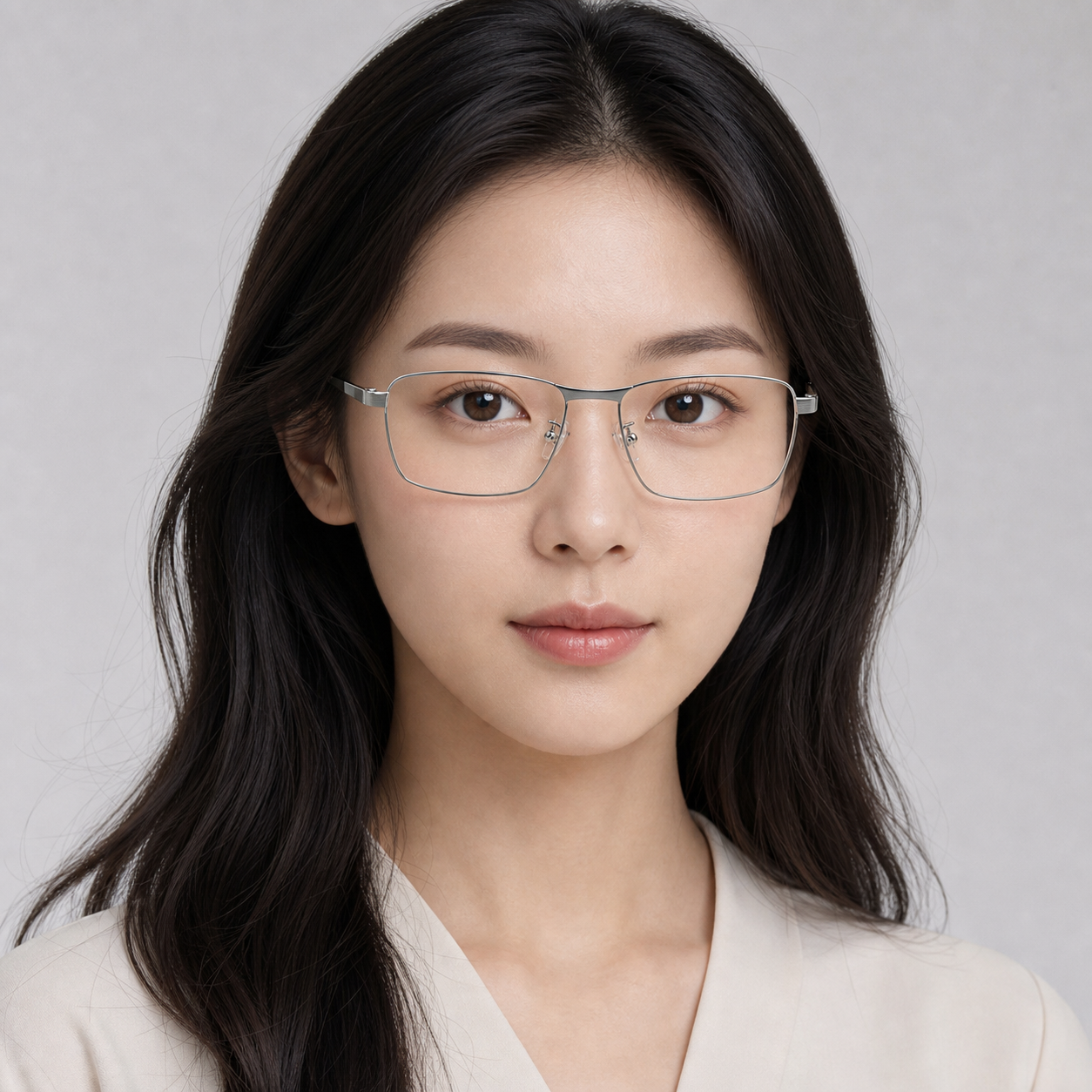 Silver titanium rectangular full-rim glasses worn by an adult East Asian woman