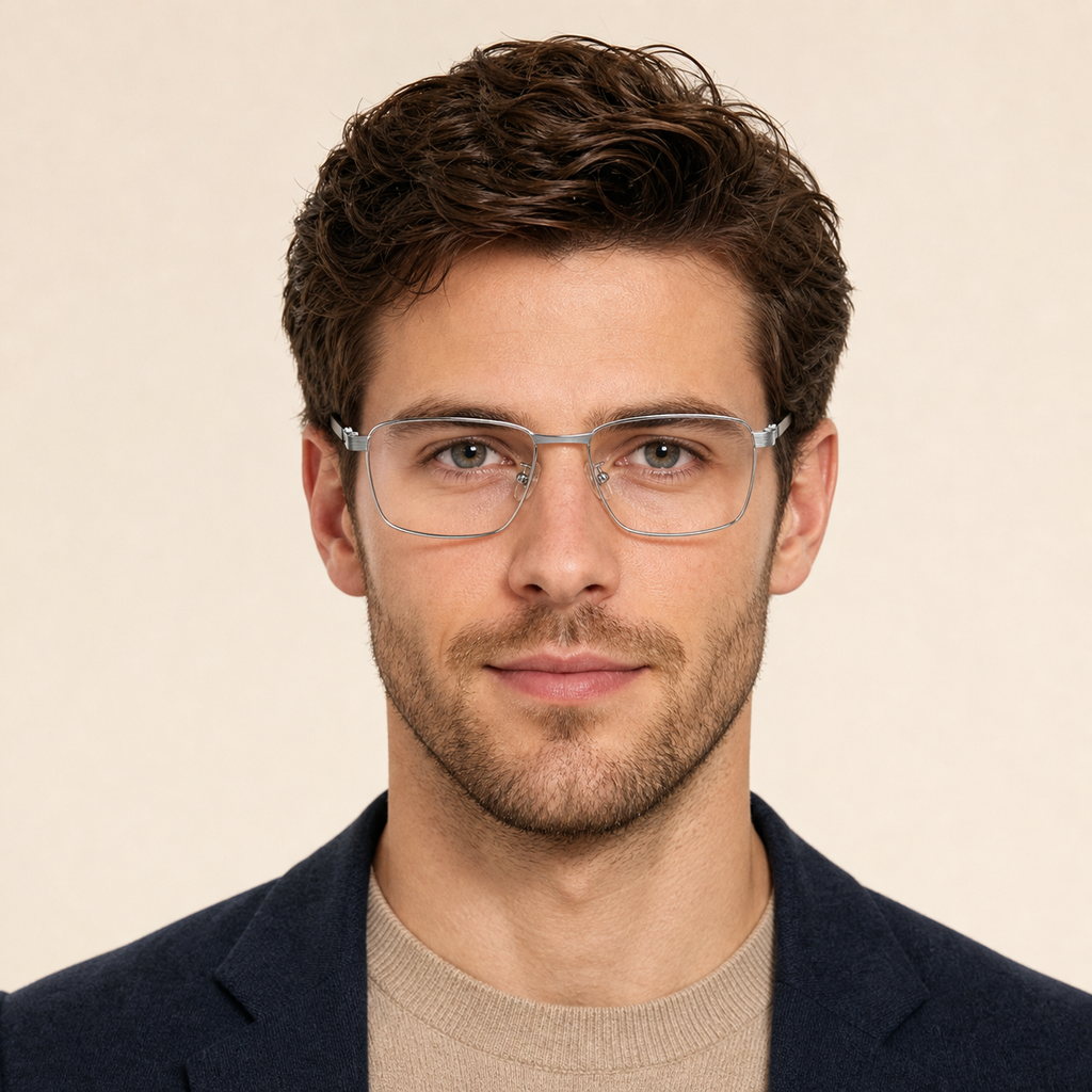 Silver titanium rectangular full-rim glasses worn by an adult White man