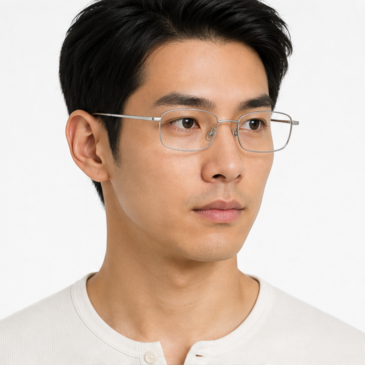 Silver retro small-fit square full-rim glasses worn by an adult East Asian Man
