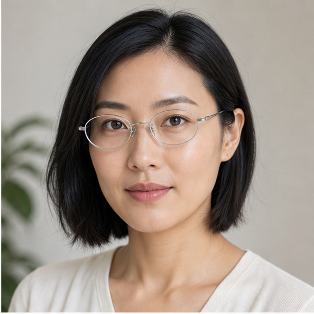 Silver semi-titanium oval full-rim glasses worn by an adult East Asian woman