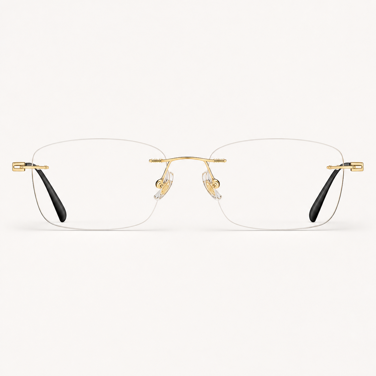 Gold pure titanium rimless slim rectangular eyeglasses, straight-on product view