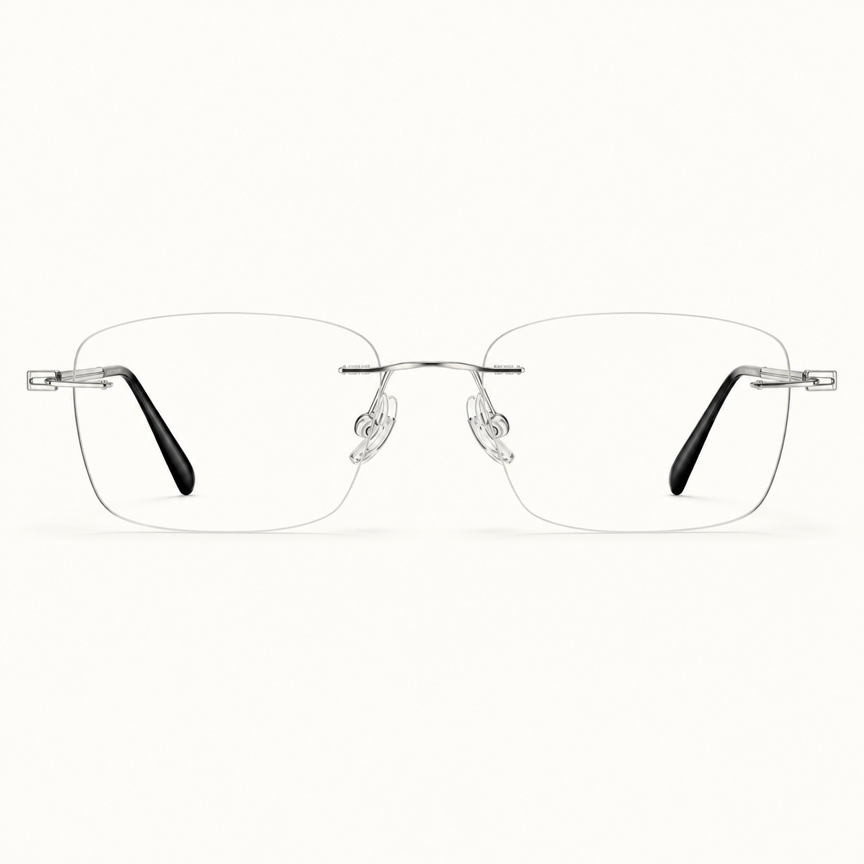 Silver pure titanium rimless slim rectangular eyeglasses, straight-on product view