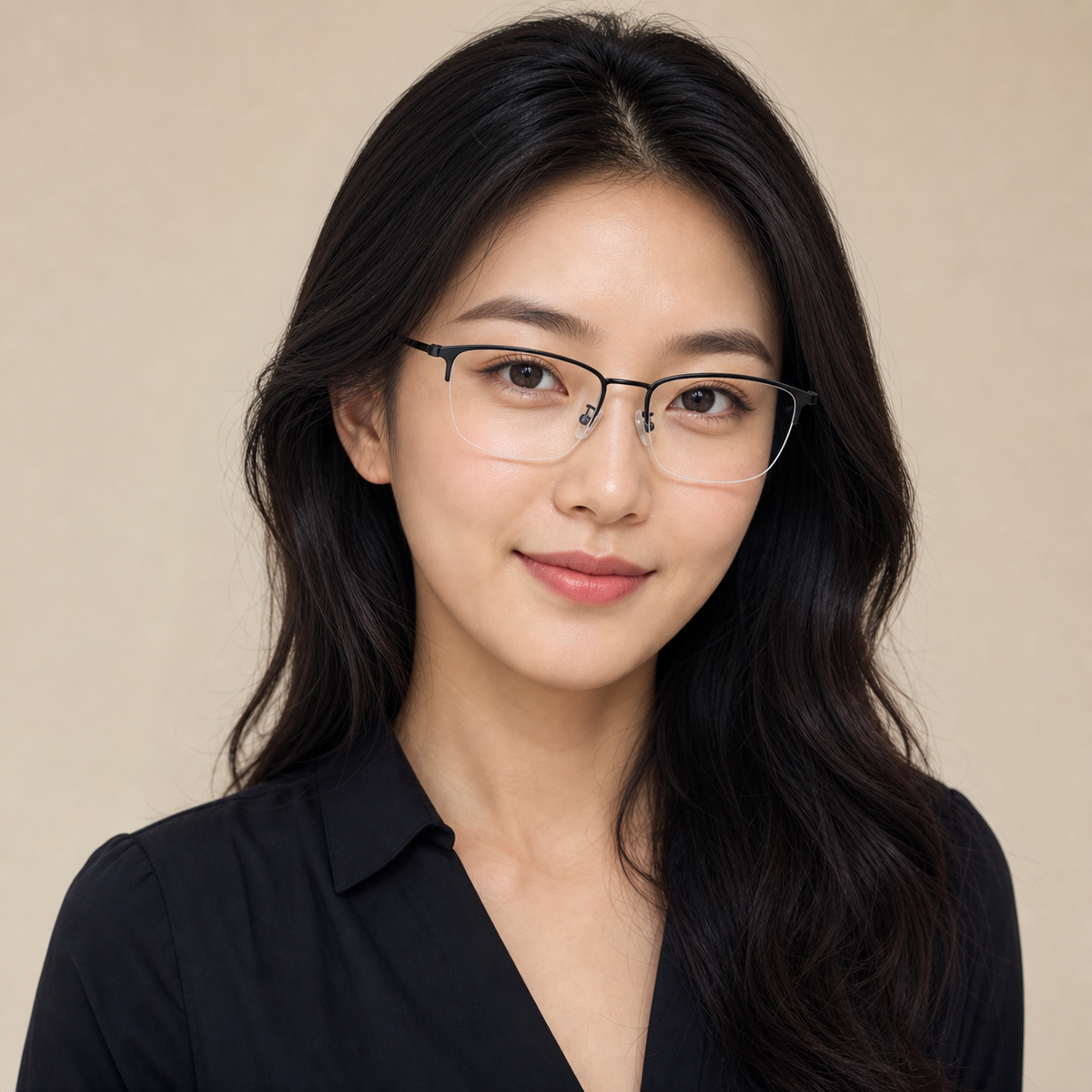 Black Casual Beta Titanium Semi-Rimless Glasses worn by an adult East Asian woman