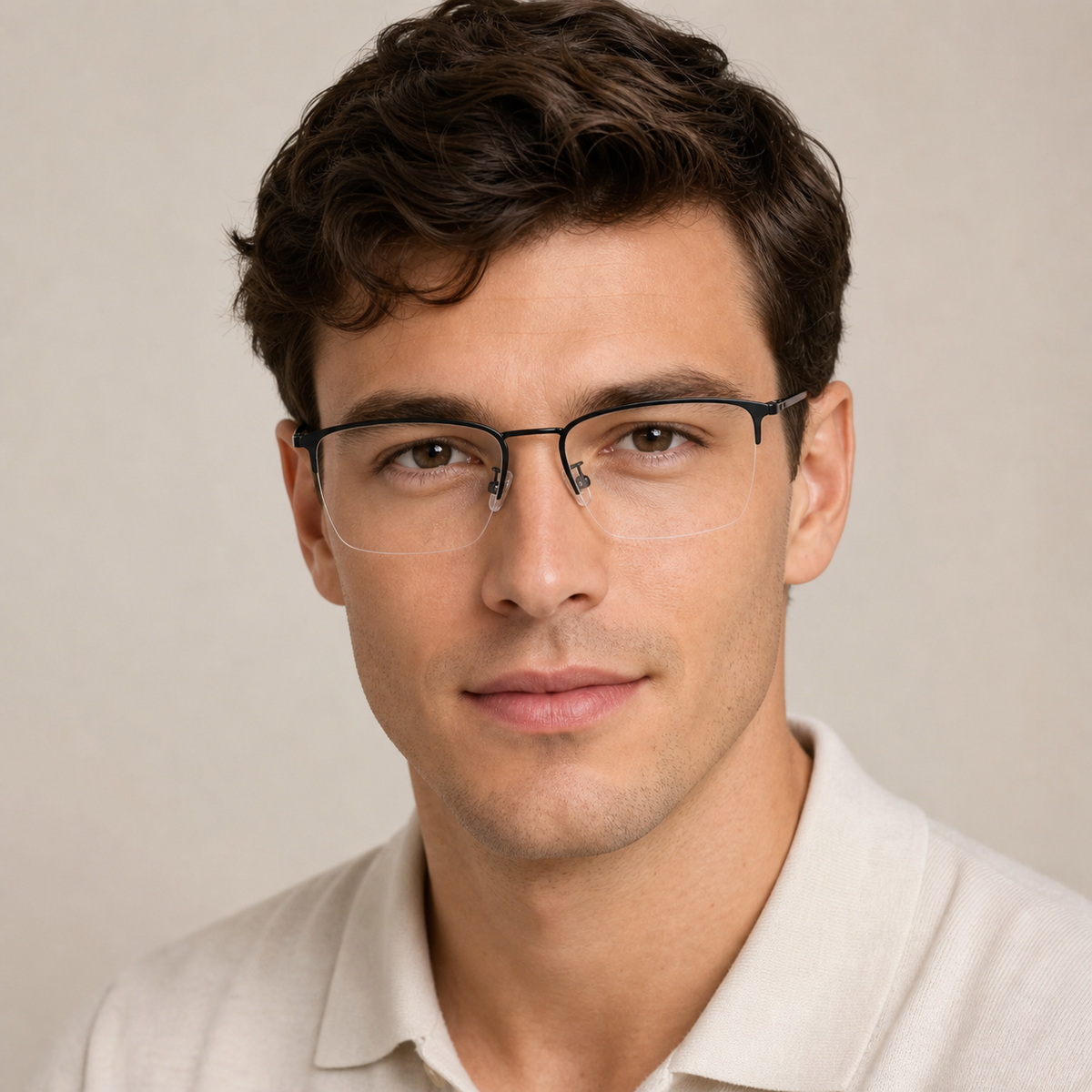 Black Casual Beta Titanium Semi-Rimless Glasses worn by an adult White man