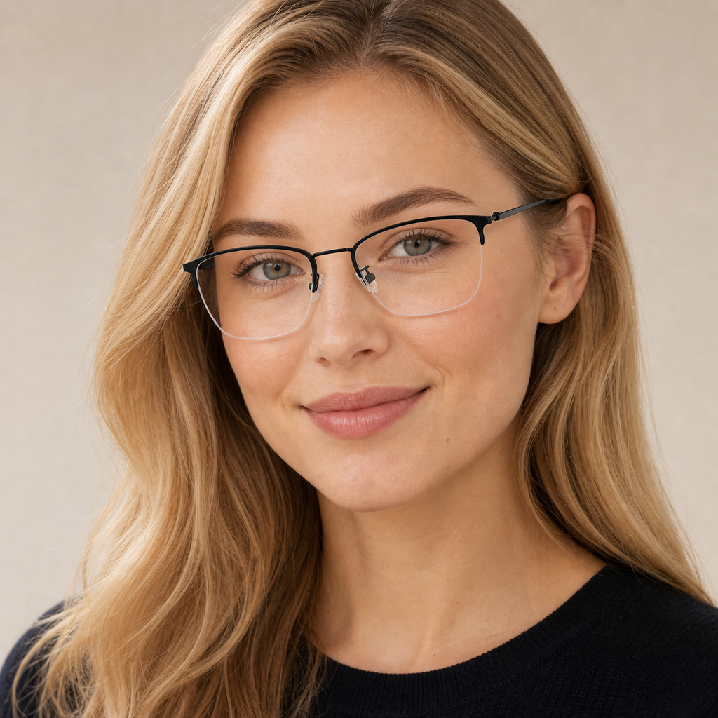 Black Casual Beta Titanium Semi-Rimless Glasses worn by an adult White woman