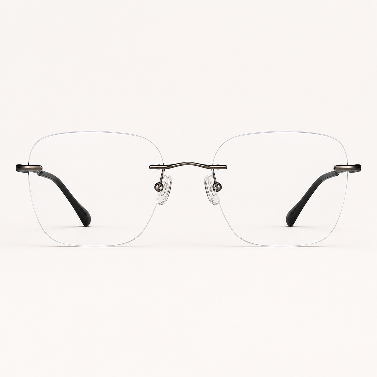 Gunmetal pure titanium rimless deep soft-square eyeglasses, straight-on product view