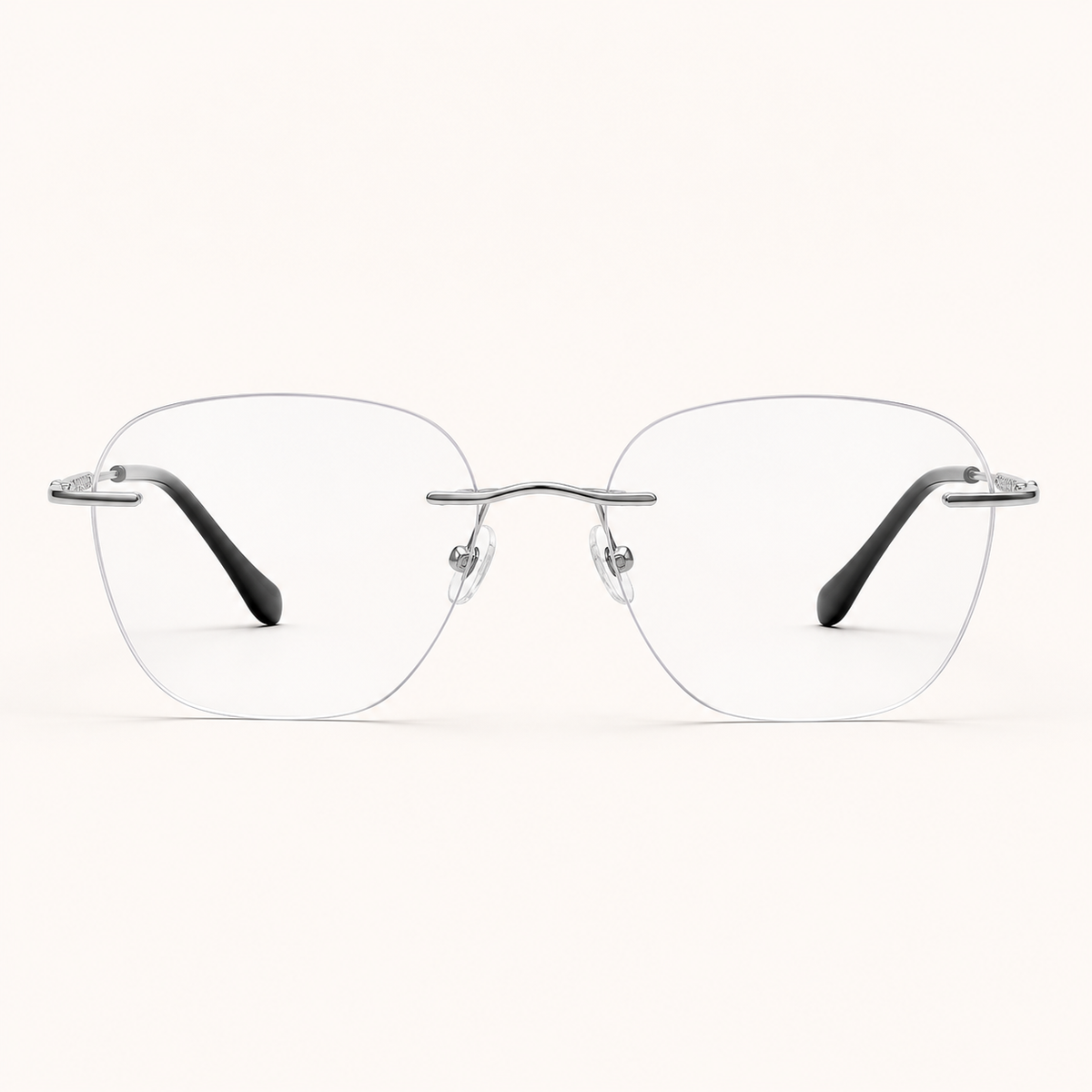 Silver pure titanium rimless deep soft-square eyeglasses, straight-on product view