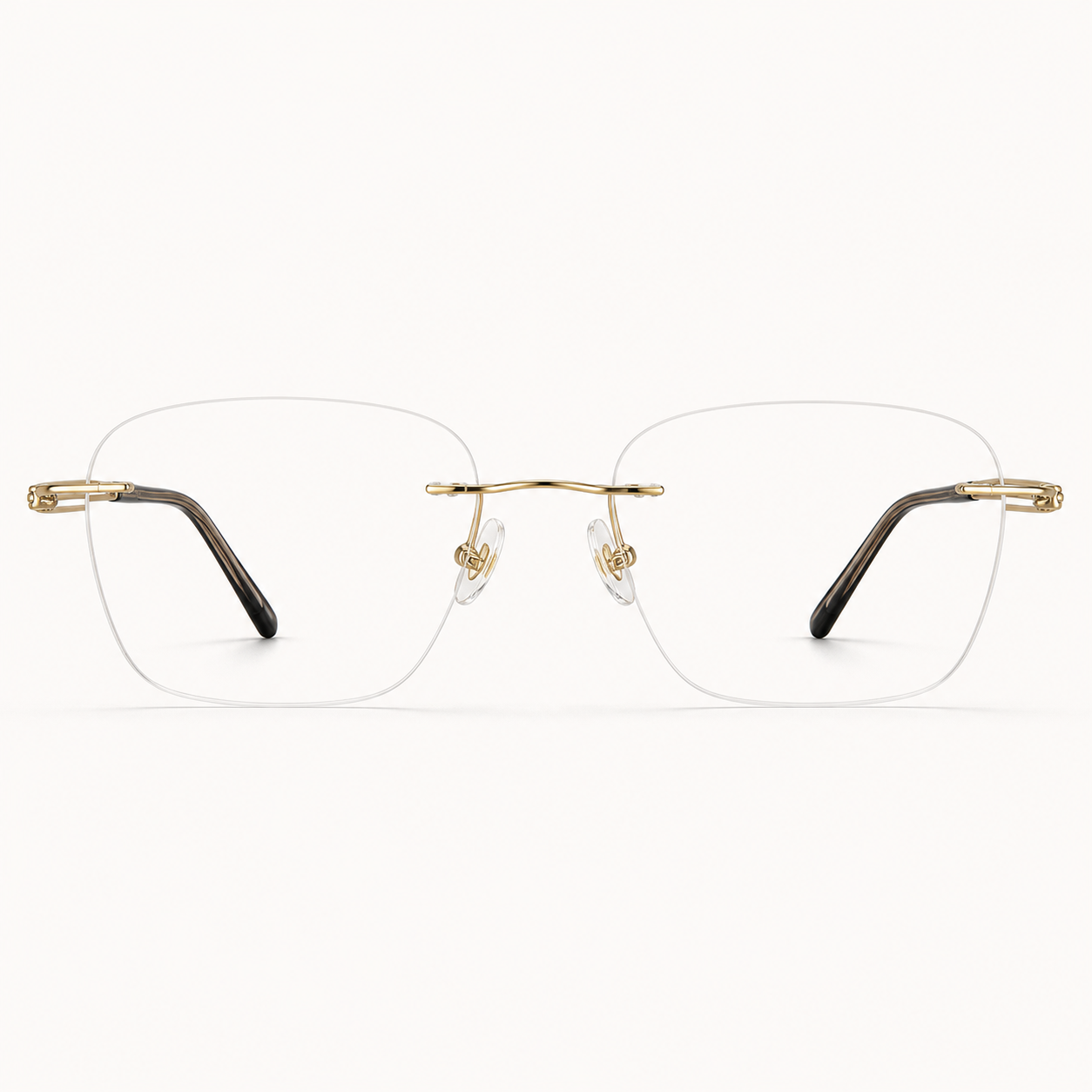 Gold titanium rimless rounded-rectangle eyeglasses, straight-on product view