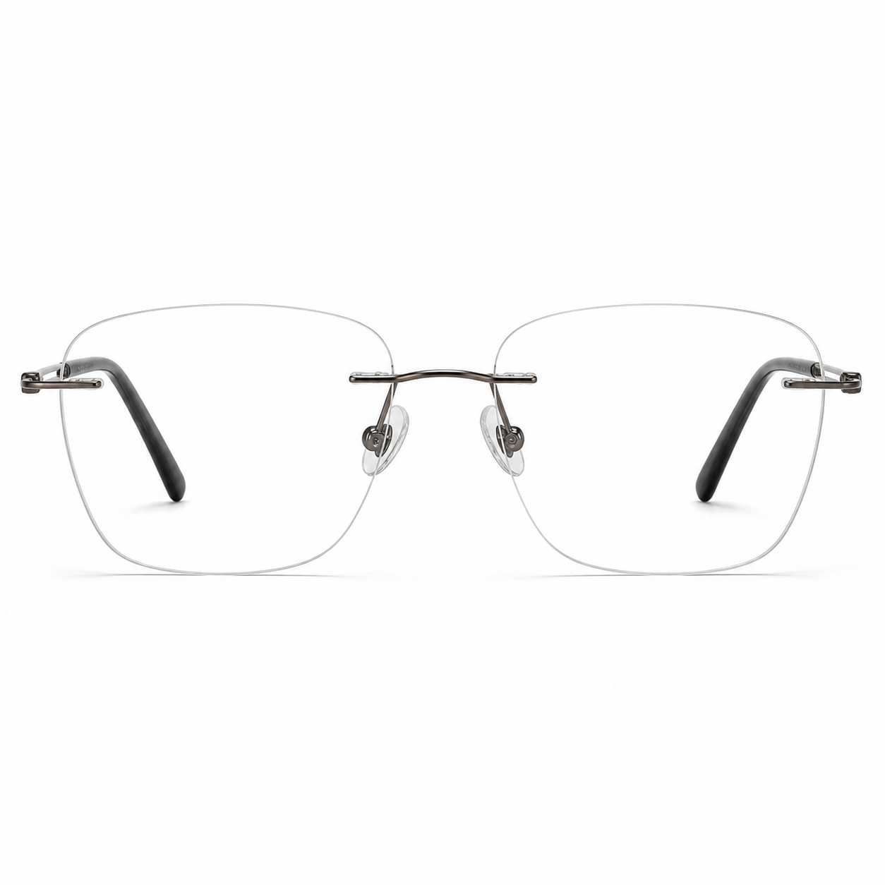 Gunmetal titanium rimless rounded-rectangle eyeglasses, straight-on product view