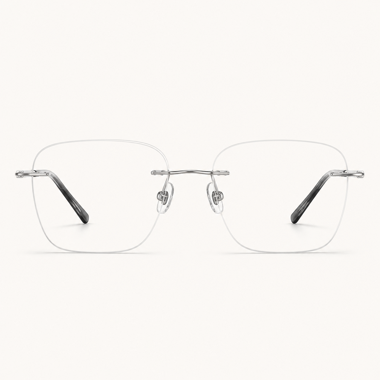 Silver titanium rimless rounded-rectangle eyeglasses, straight-on product view