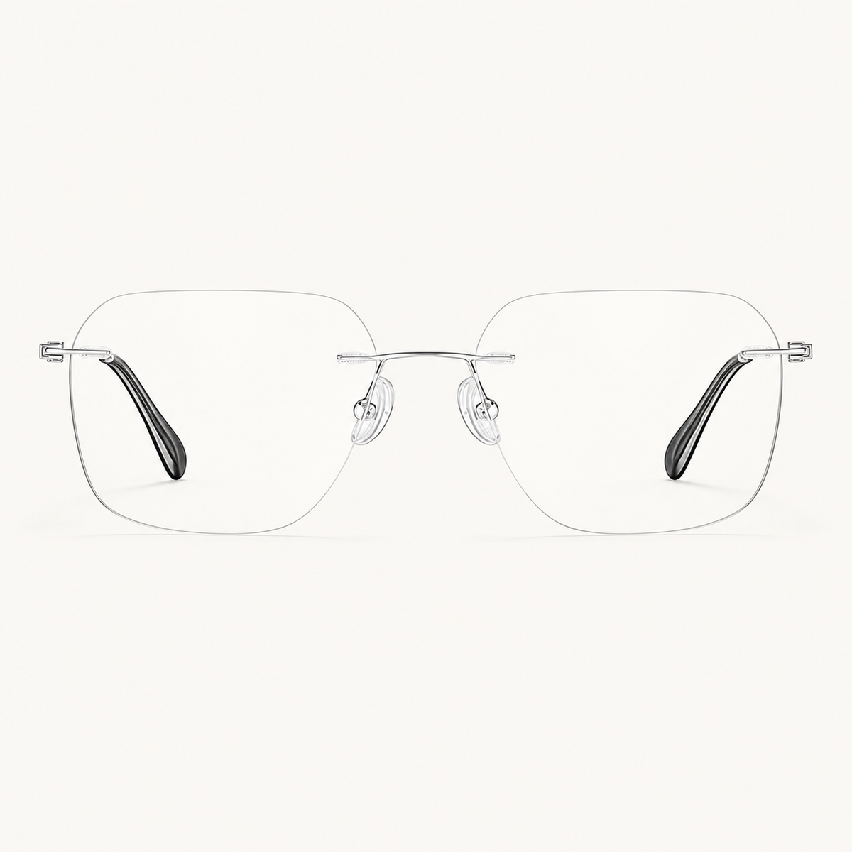 Silver pure titanium rimless soft-square eyeglasses, straight-on product view