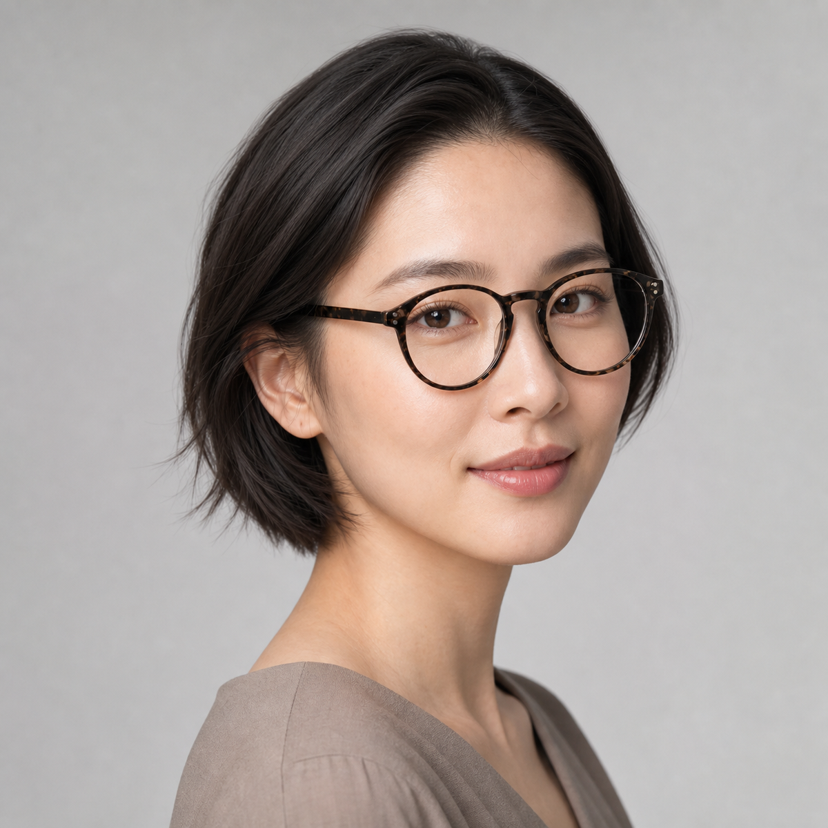 Tortoise Shell women's polycarbonate round-panto full-rim glasses worn by an adult East Asian woman short hair