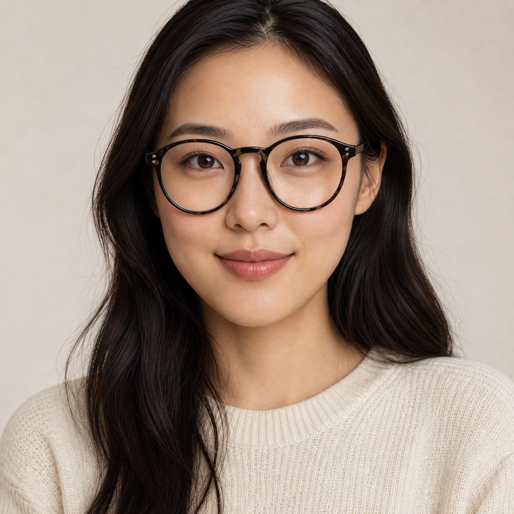 Tortoise Shell women's polycarbonate round-panto full-rim glasses worn by an adult East Asian woman
