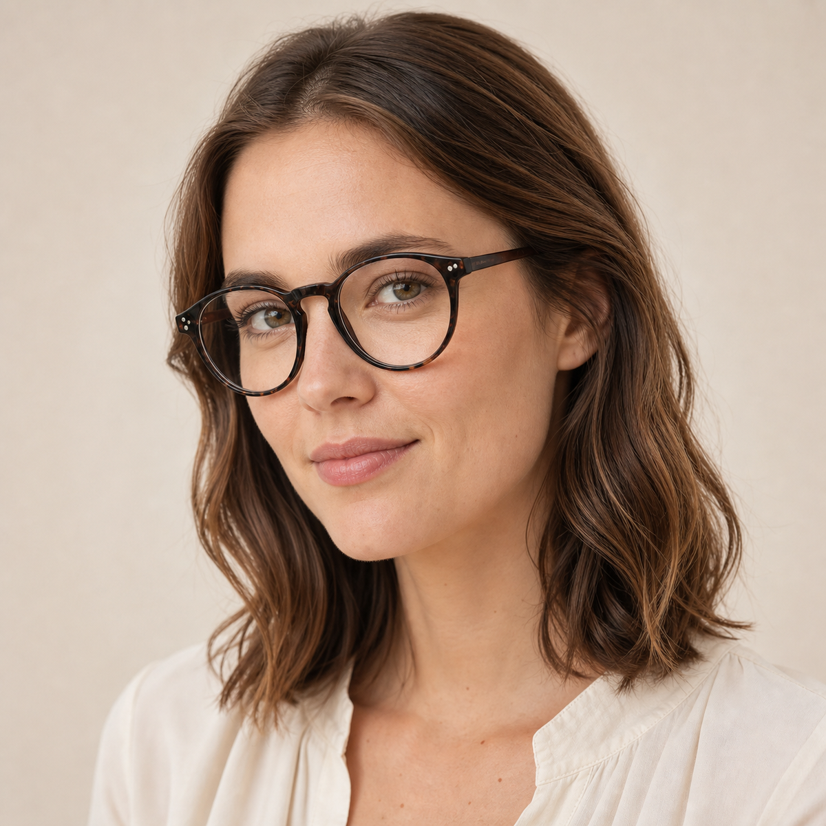 Tortoise Shell women's polycarbonate round-panto full-rim glasses worn by an adult White woman