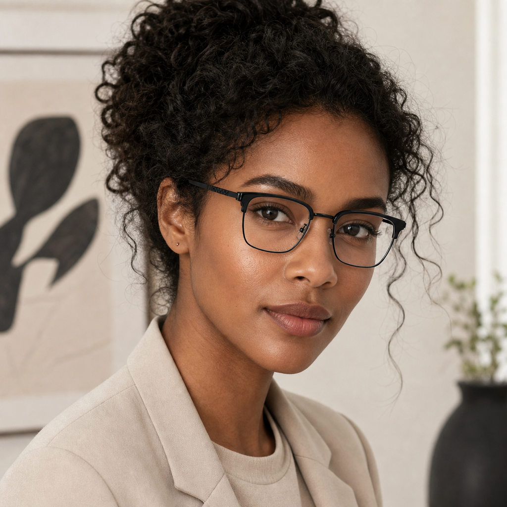 Black Refined TR & Titanium Alloy Semi-Rimless Glasses worn by an adult Black woman