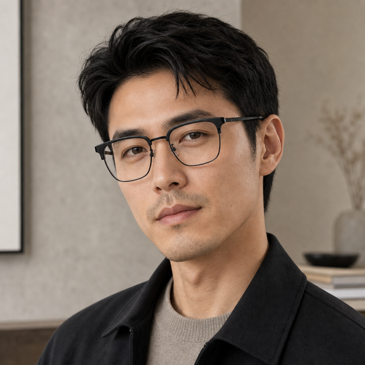 Black Refined TR & Titanium Alloy Semi-Rimless Glasses worn by an adult East Asian man