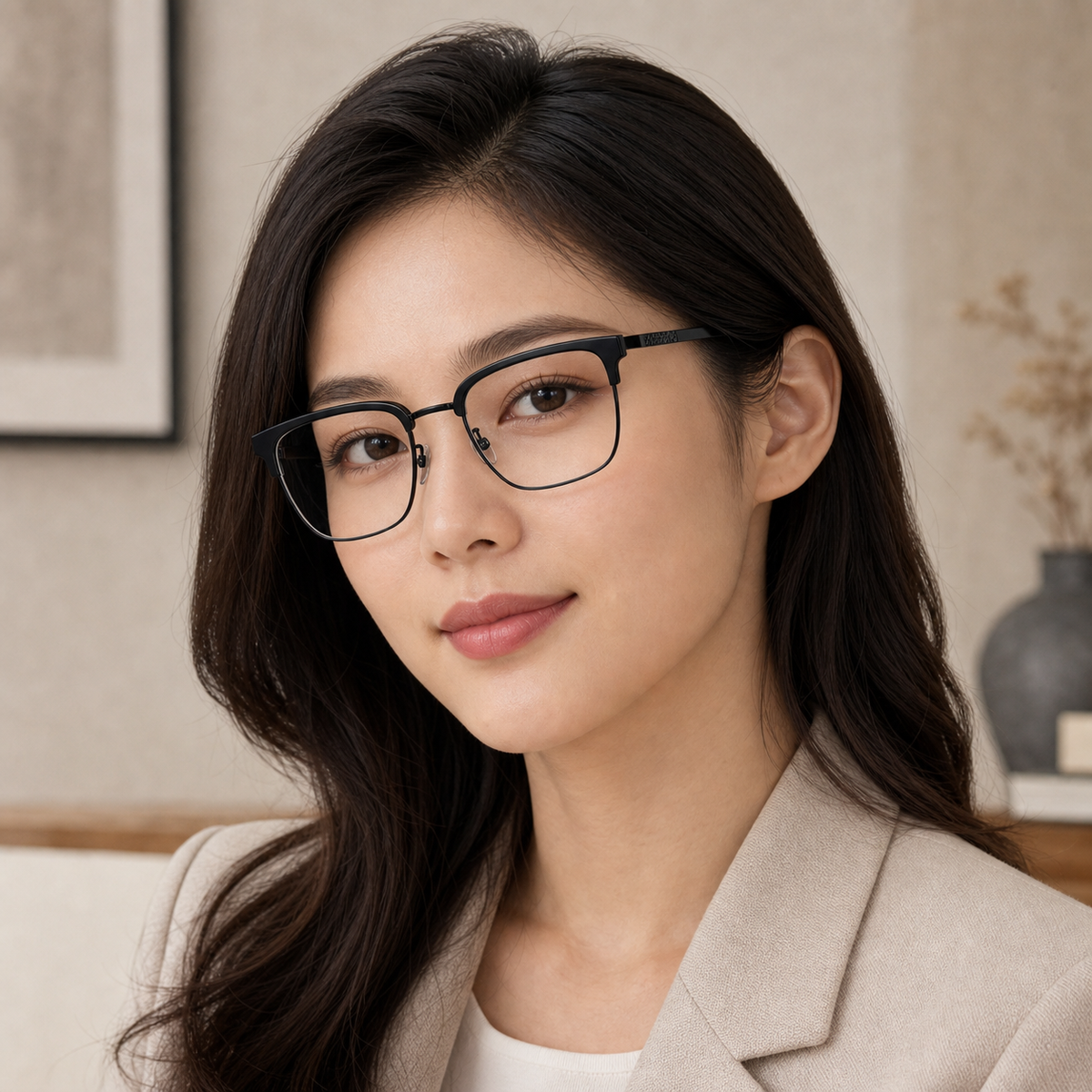 Black Refined TR & Titanium Alloy Semi-Rimless Glasses worn by an adult East Asian woman