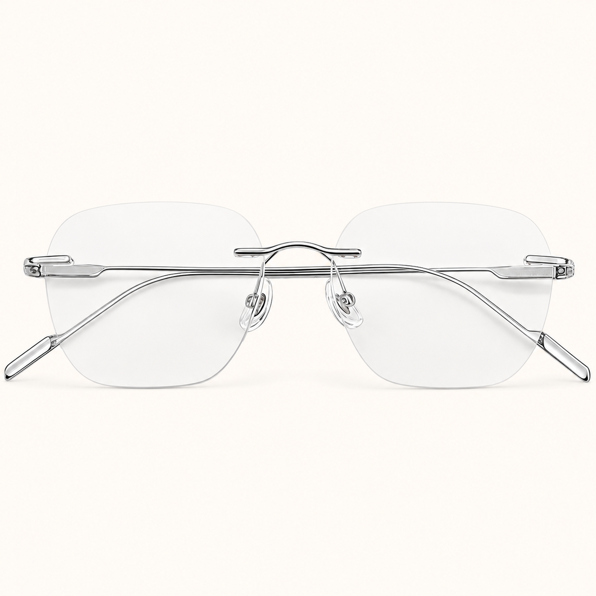 Silver titanium rimless geometric rectangular eyeglasses, straight-on product view