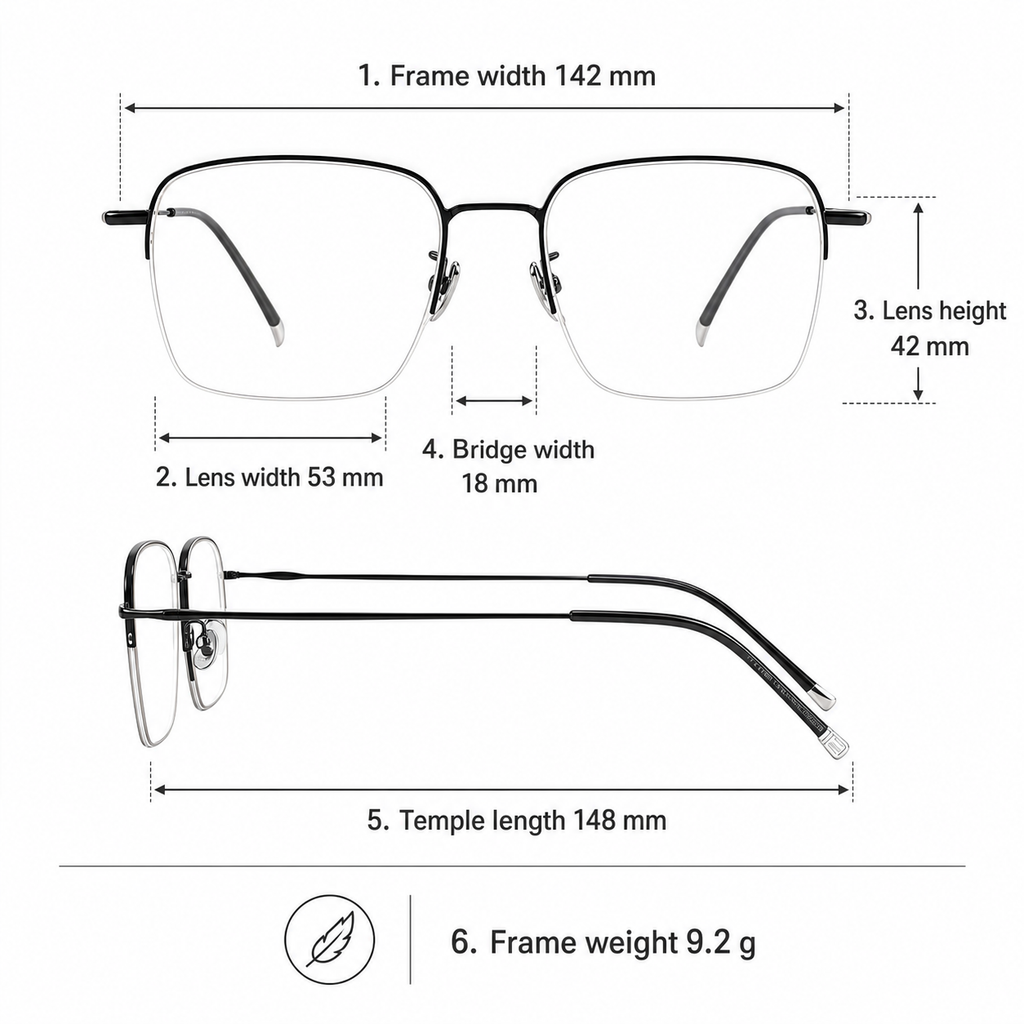 Unisex business titanium semi-rimless frame measurement guide: 142 mm frame, 53 mm lens and 9.2 g weight