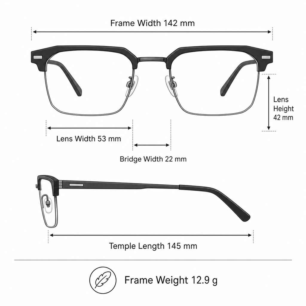 Unisex avant-garde semi-rimless frame measurement guide: 142 mm frame, 53 mm lens and 12.9 g weight