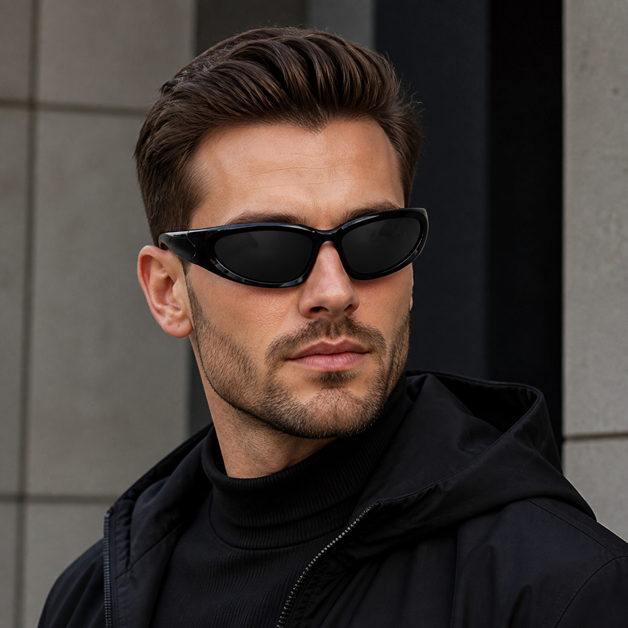 Black Unisex Cyberpunk Wraparound Sunglasses, angled adult model view
