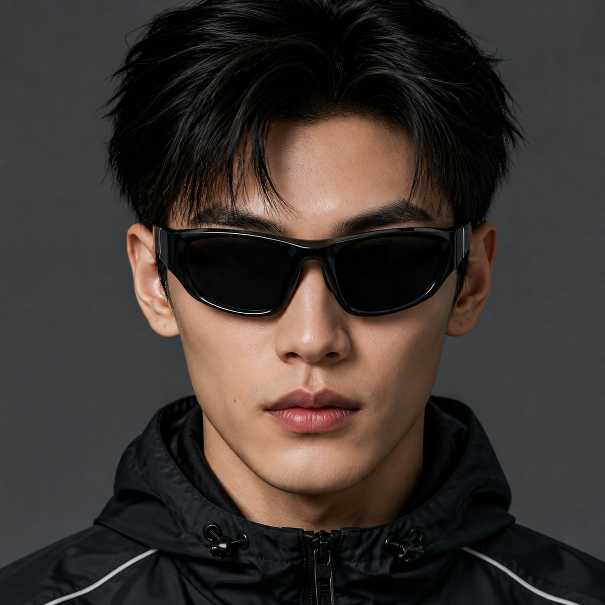 Black Unisex Y2K Wraparound Cycling Sunglasses, front adult model view