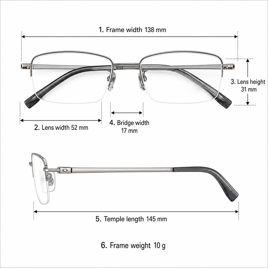 Unisex professional titanium semi-rimless frame measurement guide: 138 mm frame, 52 mm lens and 10 g weight