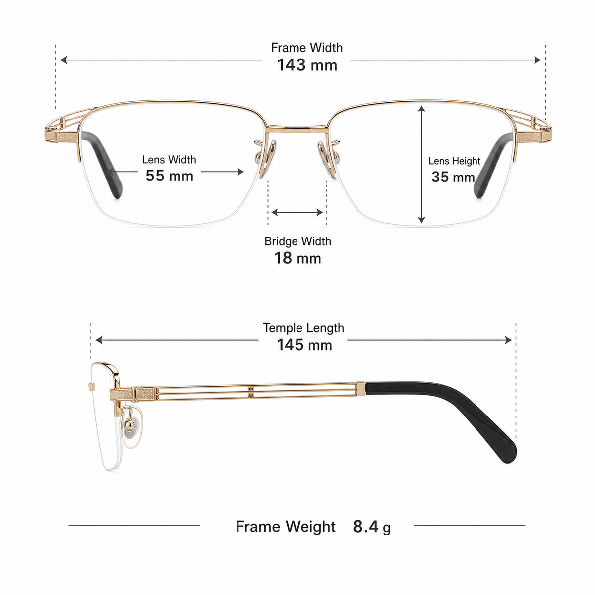 Unisex professional pure-titanium semi-rimless frame measurement guide: 143 mm frame, 55 mm lens and 8.4 g weight