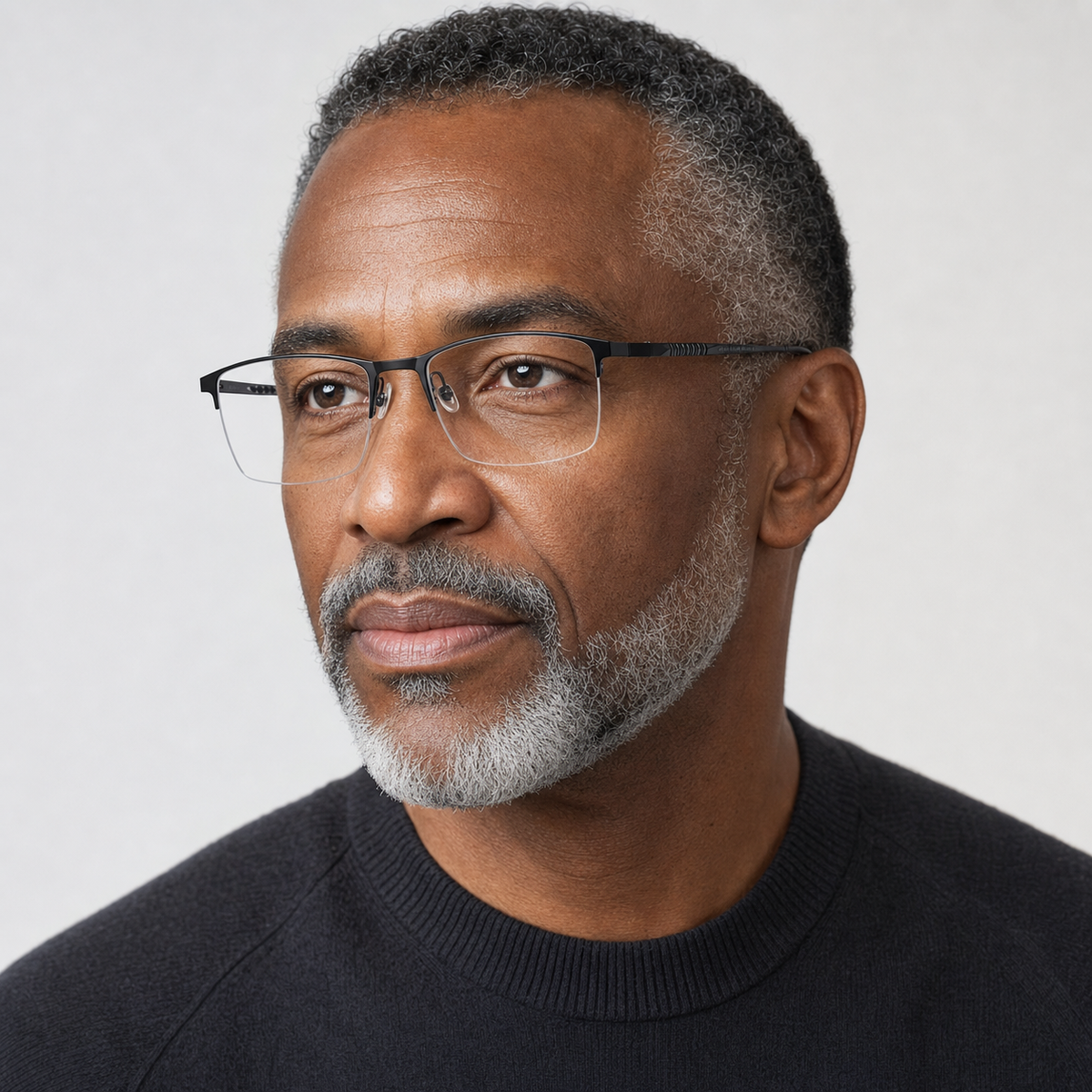 Black unisex pure titanium rectangular semi-rimless glasses worn by a mature adult Black man