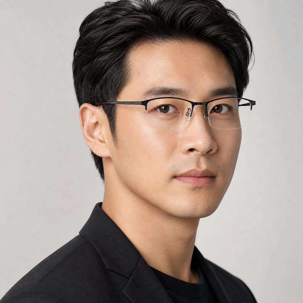 Black unisex pure titanium rectangular semi-rimless glasses worn by an adult East Asian man