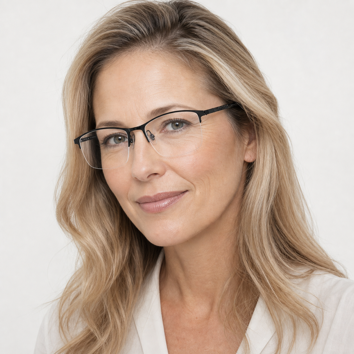 Black unisex pure titanium rectangular semi-rimless glasses worn by an adult White woman