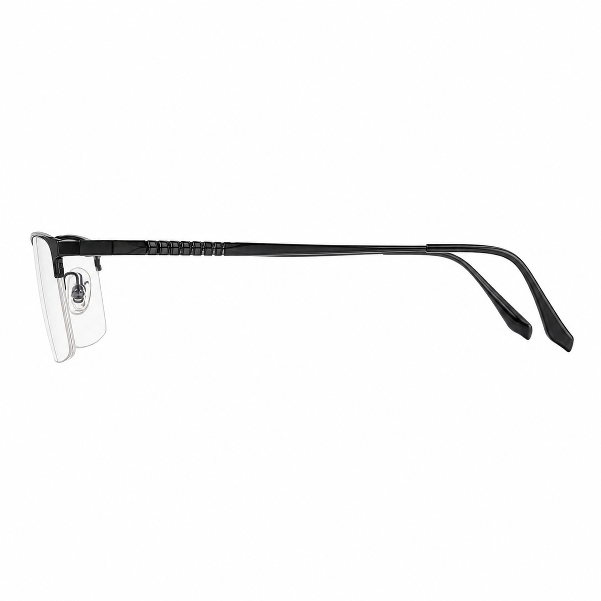 Black unisex pure titanium rectangular semi-rimless glasses, side and temple product view