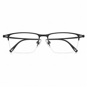 Black unisex titanium rectangular semi-rimless glasses, front product view