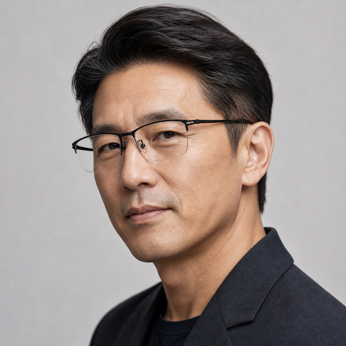 Black unisex titanium rectangular semi-rimless glasses worn by a mature adult East Asian man