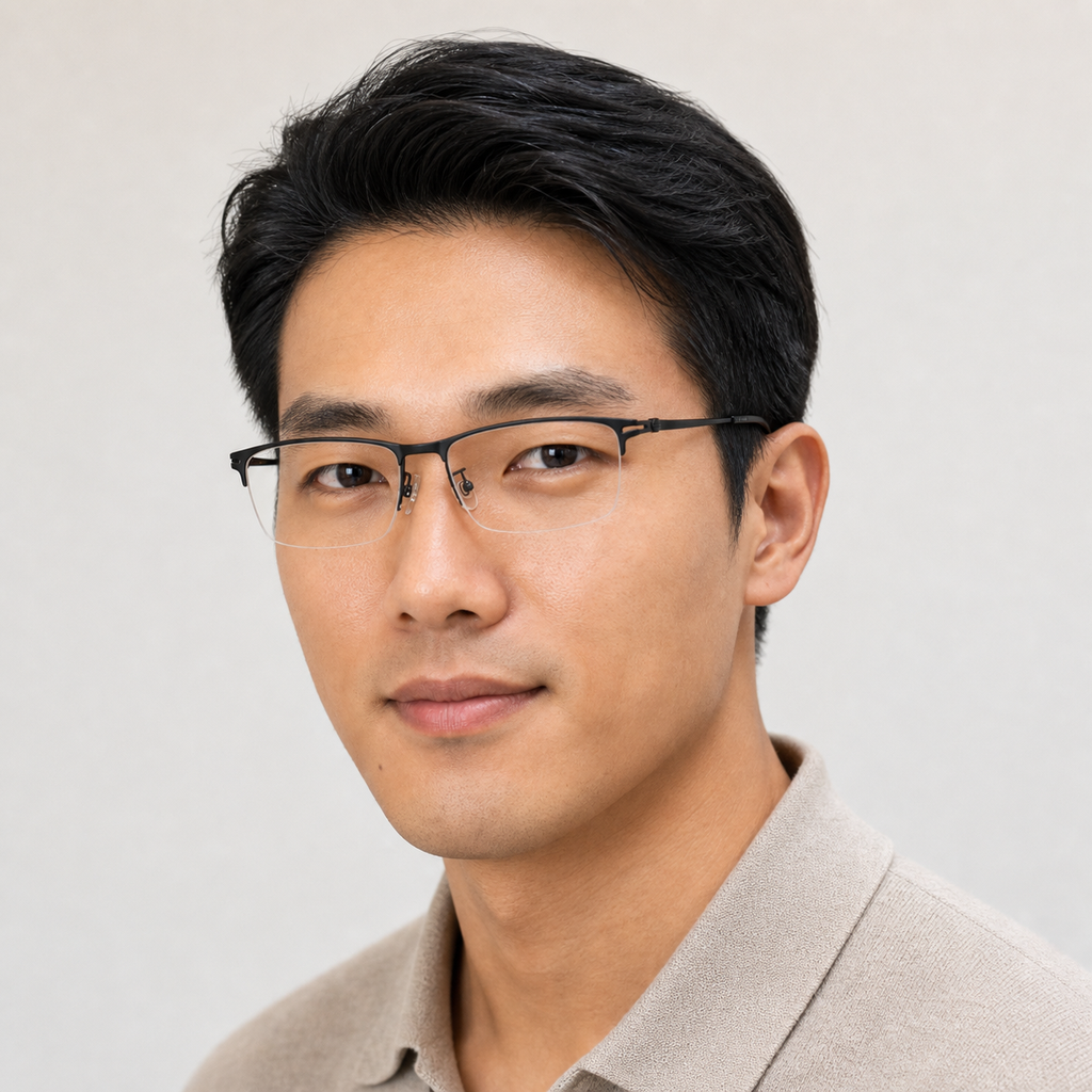 Black unisex titanium rectangular semi-rimless glasses worn by an adult East Asian man