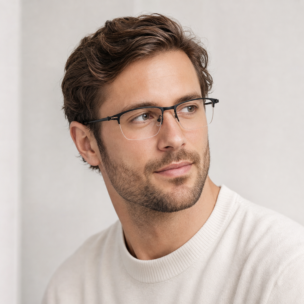 Black unisex titanium rectangular semi-rimless glasses worn by an adult White man