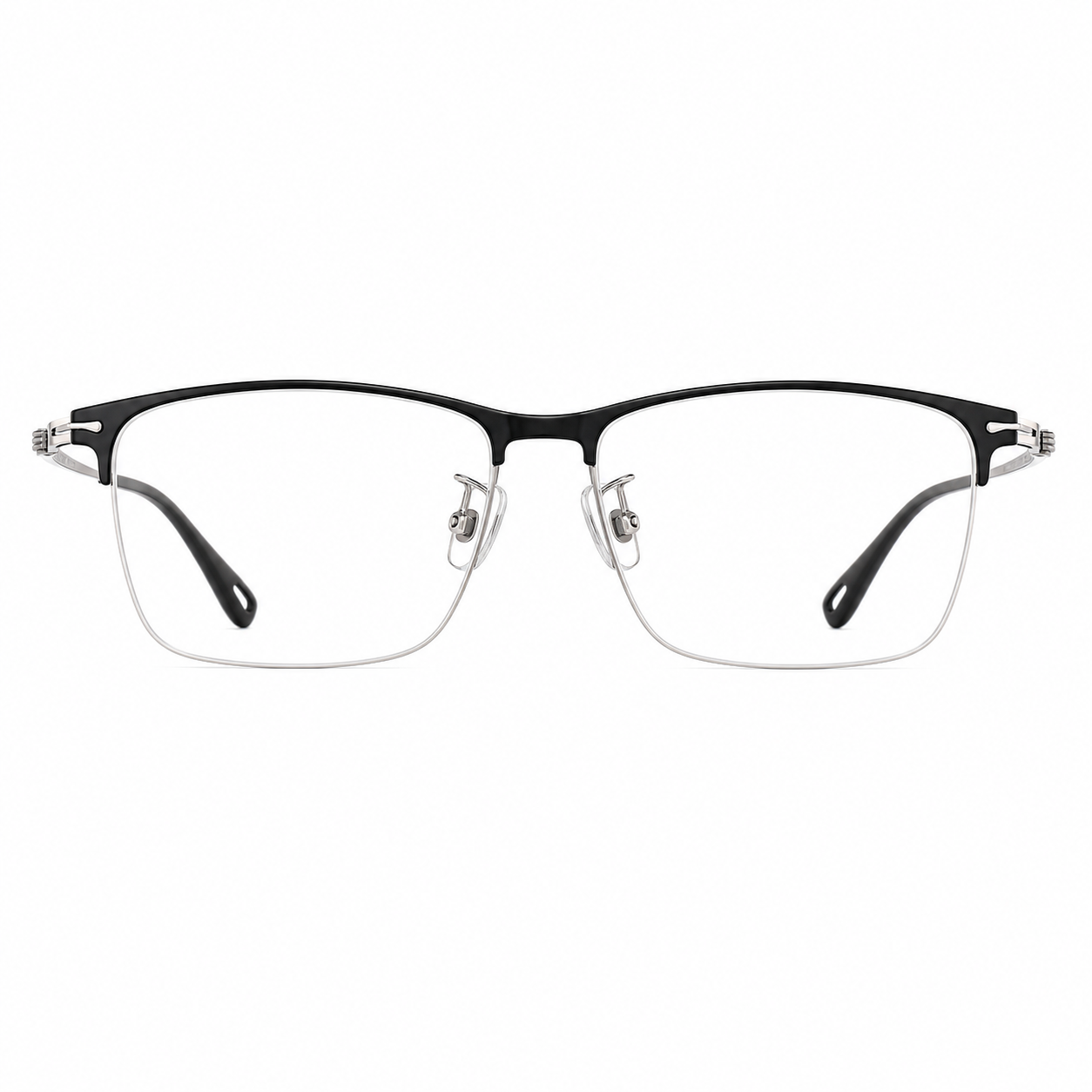 Black/Silver unisex titanium rectangular semi-rimless glasses, front product view