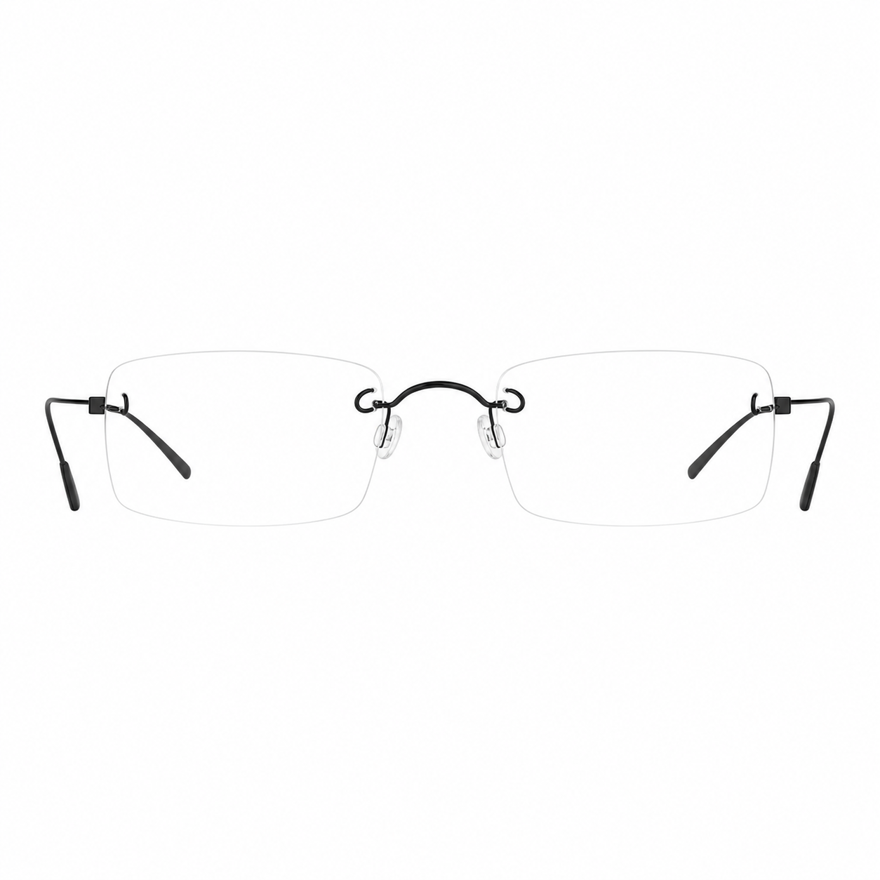 Black unisex pure-titanium rimless arched-bridge glasses, front product view