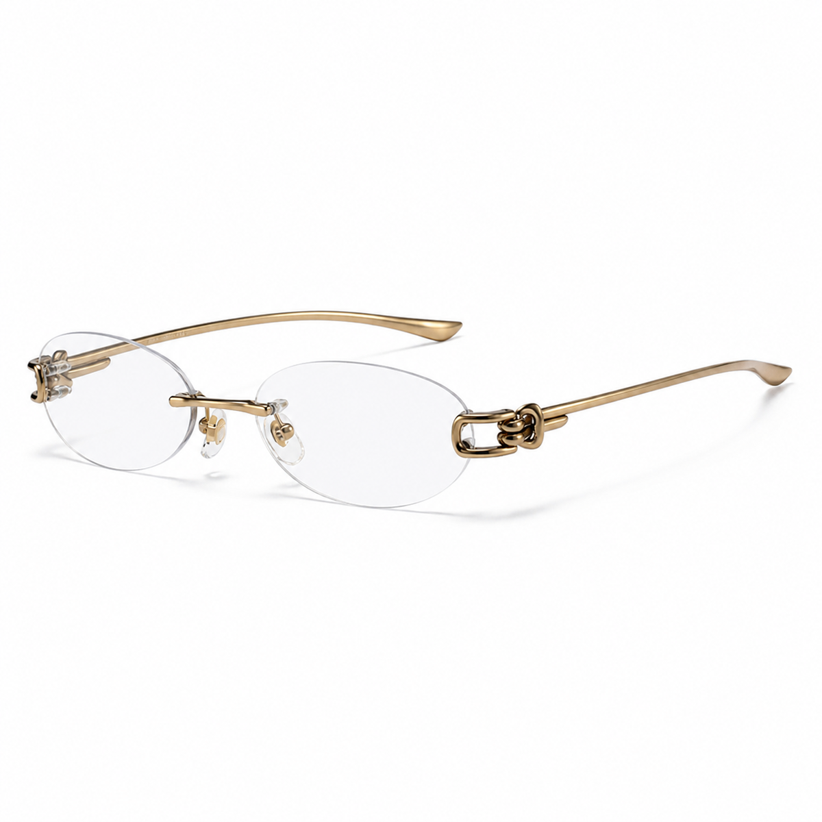 Gold unisex pure-titanium rimless knot-hinge oval glasses, 45-degree product view