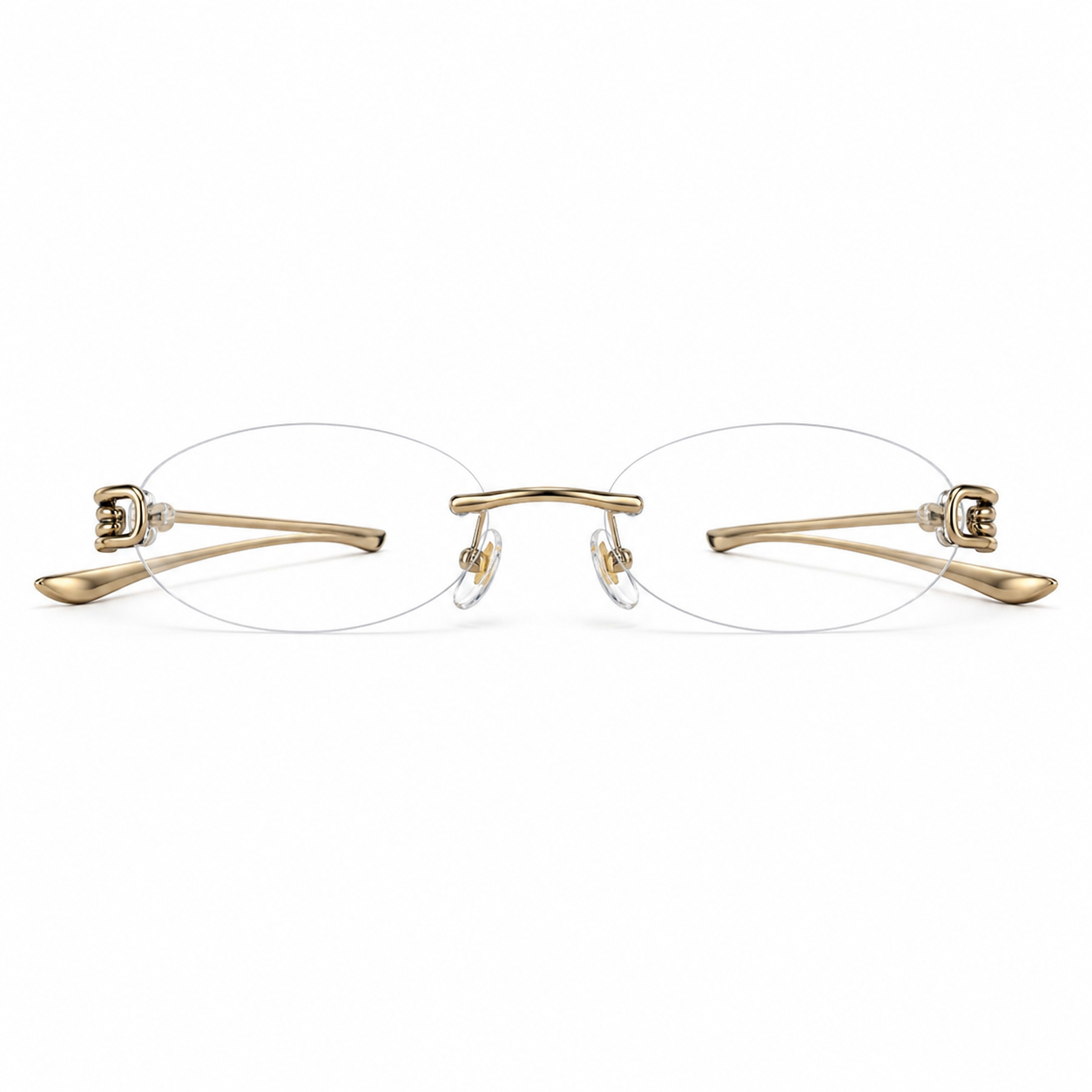 Gold unisex pure-titanium rimless knot-hinge oval glasses, front product view