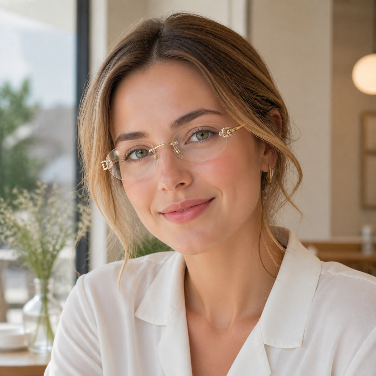 Gold rimless knot-hinge oval glasses worn by a young adult White woman in a cafe