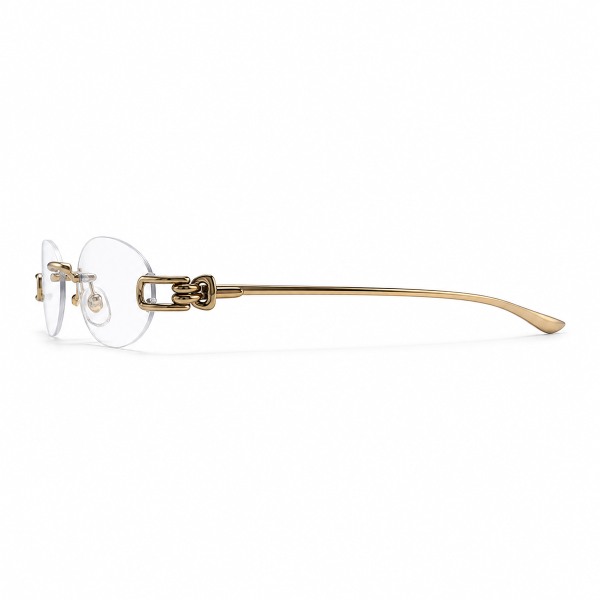 Gold unisex pure-titanium rimless knot-hinge oval glasses, side product view