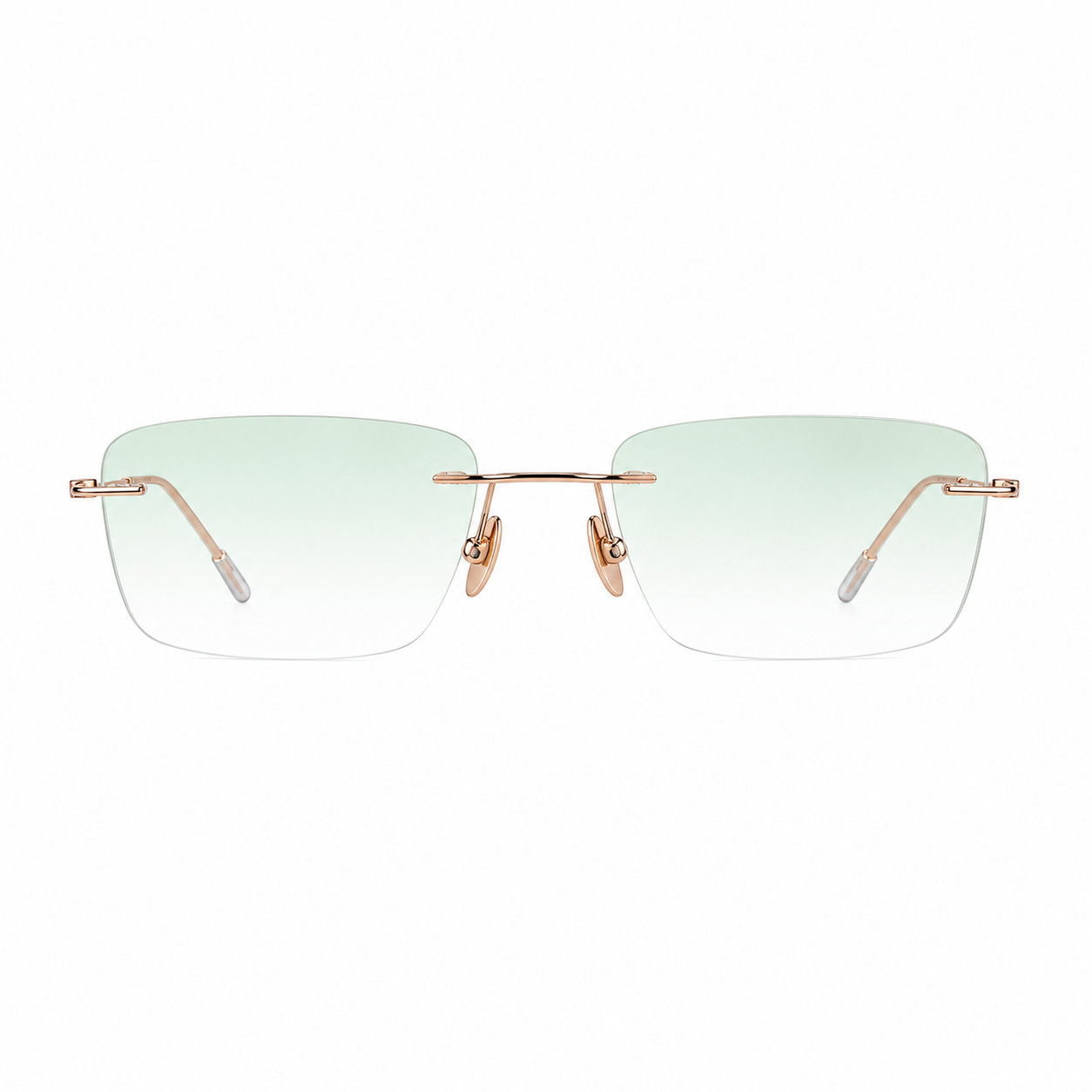 Rose Gold unisex rimless glasses with green gradient lenses, front product view