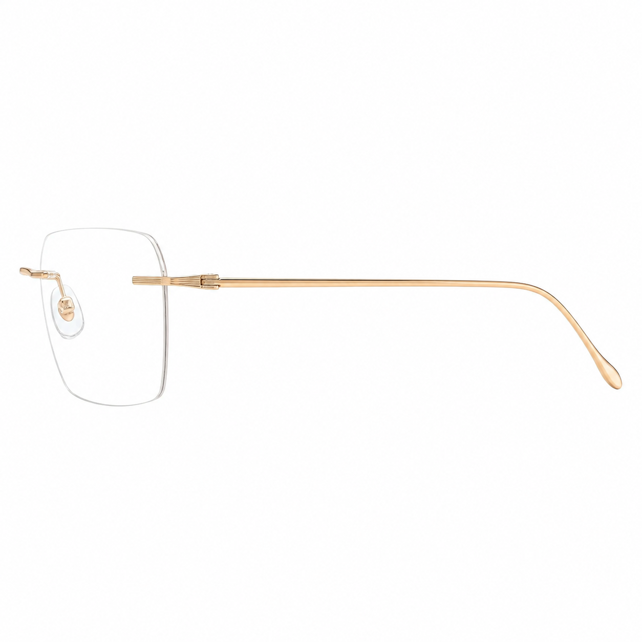 Gold unisex semi-titanium rimless wave-bridge glasses, side product view