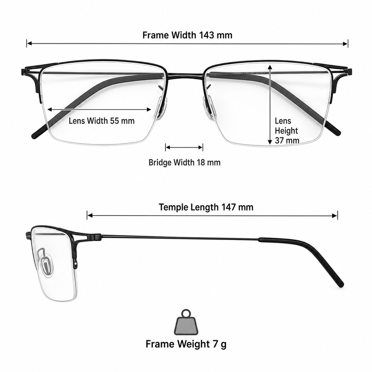 Unisex titanium semi-rimless frame measurement guide: 143 mm frame, 55 mm lens and 7 g weight
